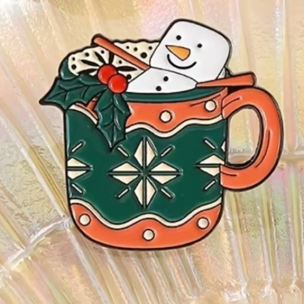 3/$25 Festive Holiday Mug Enamel Pin Hot CoCo with Snowman Marshmallow